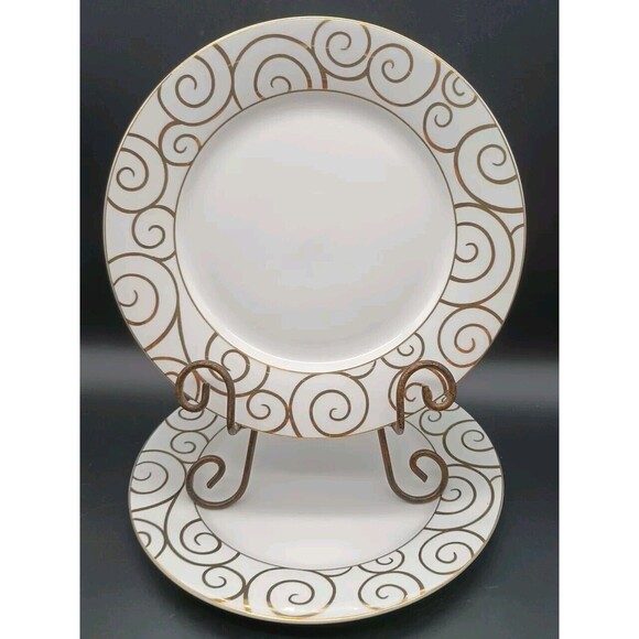 Pier One Imports Gold Swirl Dinner Plates (2) Christmas Holiday - Picture 1 of 5